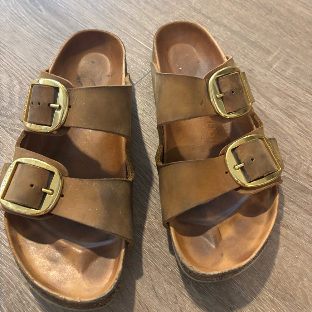 Birkenstock Brown Sandals with Big Gold Buckles